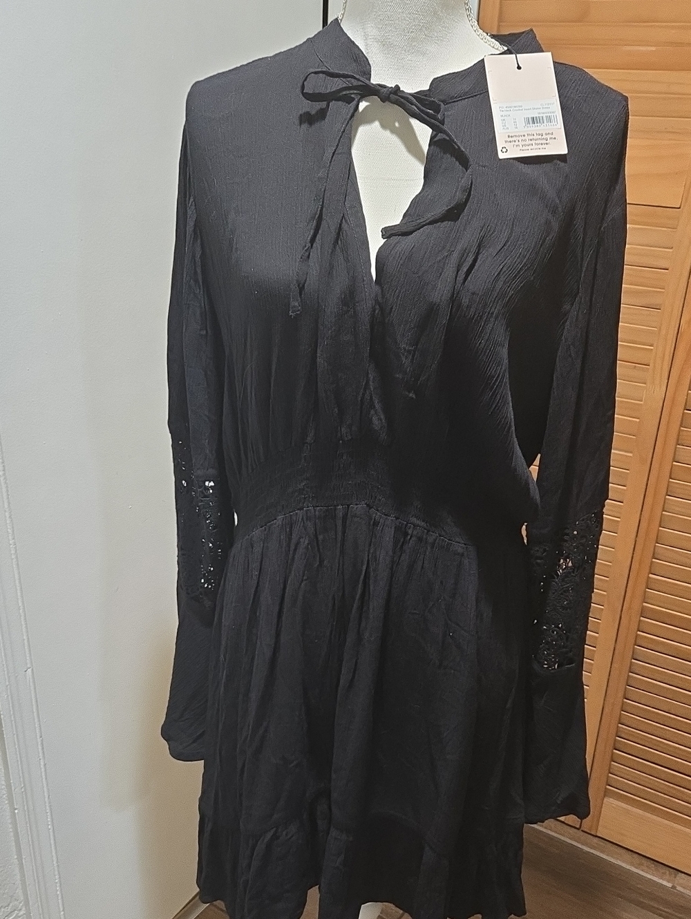 Missguided Black Long Sleeve Tie-Neck Dress with Lace Sleeve Insets